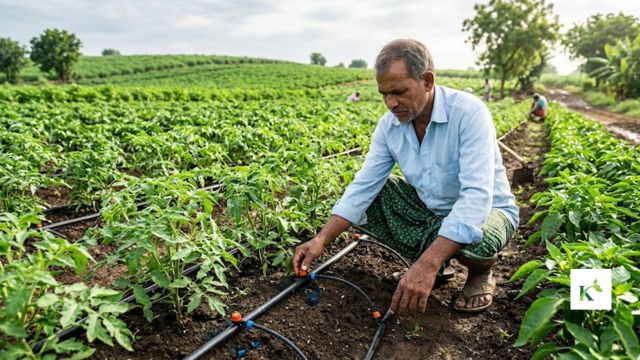 A kisaan checking a drip irrigation line